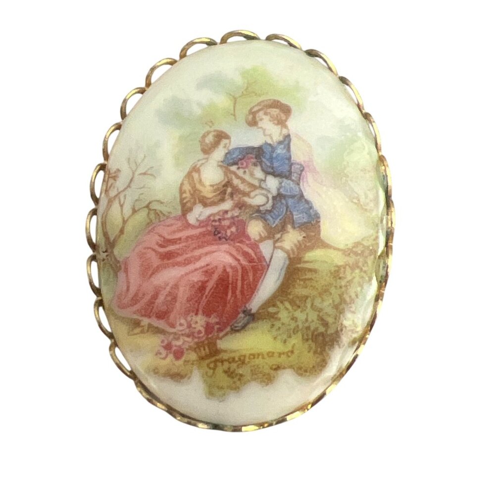 Vintage Fragonard Cameo Brooch Pin Gold Tone Porcelain Courting Couple Estate